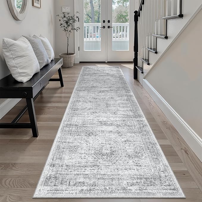 Soalmost Runner Rug 2x7 Washable Non-Slip Hallway Runner Rugs for Kitchen Bathroom Laundry Room Grey Vintage Floor Carpet Runners for Hallways Entryway