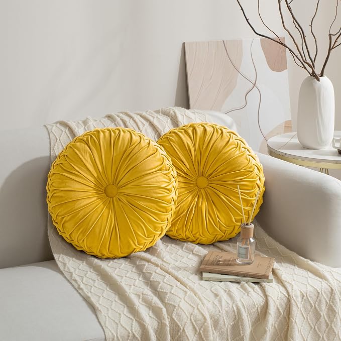 HIG Set of 2 Yellow Ruched Velvet Round Throw Pillows – 14.5’’ Decorative Pillows with Soft Polyester Filling for Couch, Bed, Living Room, Bedroom, or Dorm – Handmade, Stress Relieving, All-Season