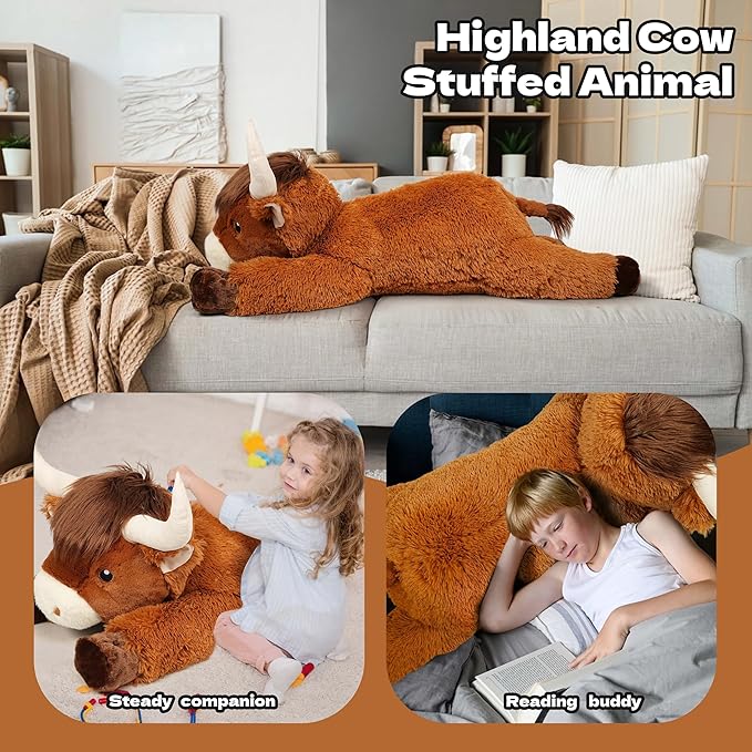 39 Inch Giant Highland Cow Stuffed Animal, Big Cattle Plushie Toy for Kids & Adults, Fluffy Large Size Stuffed Cow Hugging Pillow Gifts for Birthday Christmas