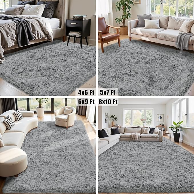 6x9 Area Rug for Living Room:Ultra Soft Fluffy Shag Light Grey Rugs,Large Fuzzy Plush Indoor Non Slip Carpet Washable Rug for Bedroom Kids Nursery Office Dorm Modern Decor(Light Grey 6'x9')