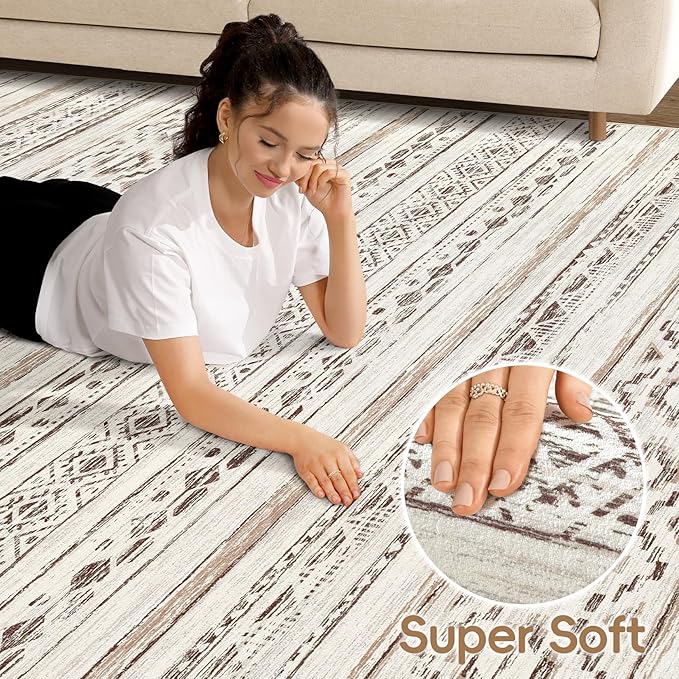 cotiled 9x12 Area Rug Living Room: Washable Boho Rugs with Non Slip Backing Large Soft Indoor Stain Resistant Carpet for Bedroom Farmhouse Dining Room Lightweight Home Decor Cream Brown