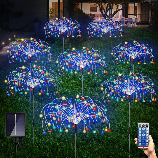 Solar Garden Firework Lights Outdoor 8 Pack, 8 Modes, 120 LED Waterproof Copper Wire DIY Solar Decorative Lights with Remote Control, for Yard Pathway Party Decor