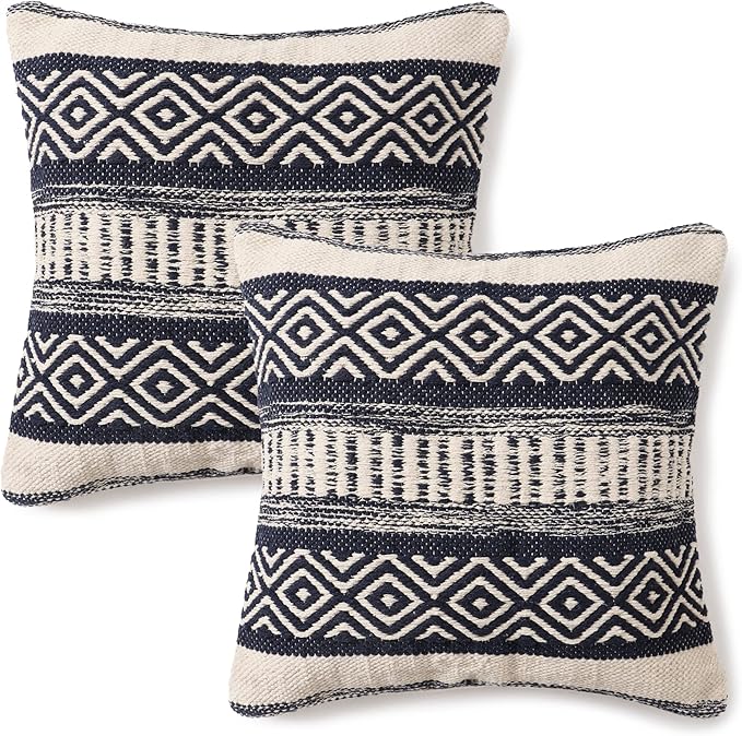 REDEARTH · Boho Textured Throw Pillow Cases - Cushion Covers Tufted Decorative Farmhouse Fall Set for Couch - Sofa - Dining - Patio - Outdoor - 100% Cotton (18"x18" - Indigo Impressions) Pack of 2