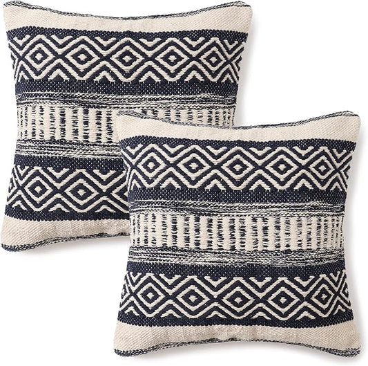 REDEARTH · Boho Textured Throw Pillow Cases - Cushion Covers Tufted Decorative Farmhouse Fall Set for Couch - Sofa - Dining - Patio - Outdoor - 100% Cotton (18"x18" - Indigo Impressions) Pack of 2