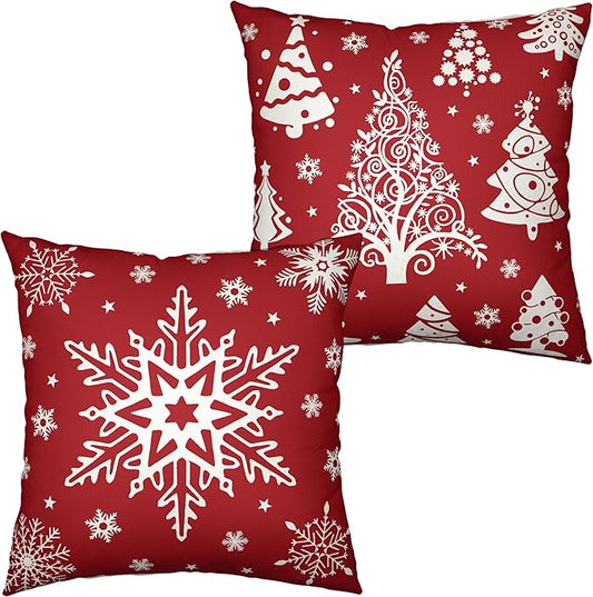Christmas Pillow Covers 20x20 White Xmas Tree with Snowflakes Decorative Pillow Covers Set of 2 Red Winter Holiday Pillow Case for Home Decorations Couch Outdoor