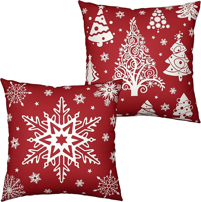 Christmas Red Pillow Covers 24x24 Set of 2 Xmas Tree with Snowflakes Decorative Pillow Covers Cotton Linen Cushion Case for Winter Holiday Decorations Living Room Outdoor
