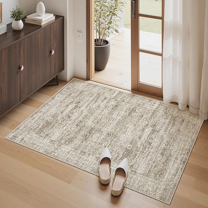 Soalmost 3x4 Rug, Small Area Rug for Kitchen, Entryway, Machine Washable Non-Slip Throw Rug, Vintage Carpet for Nursery Coffee Table Brown