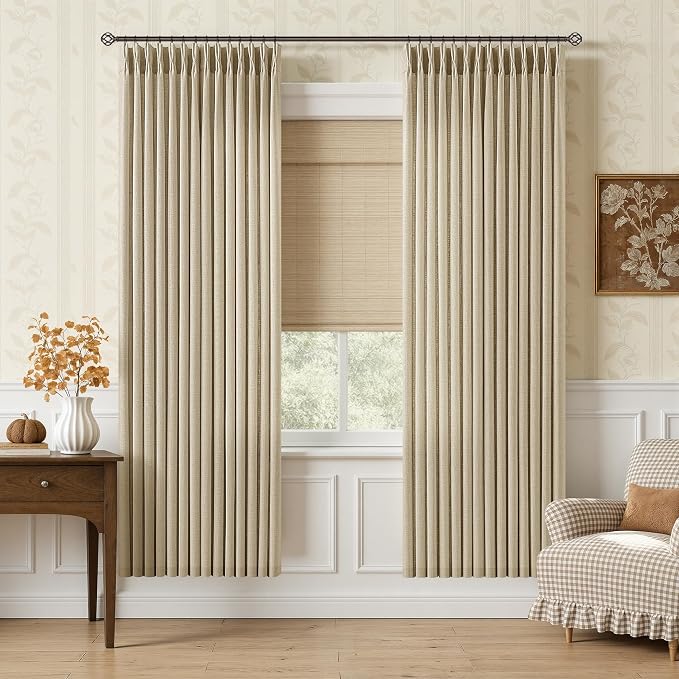 72 Inch Pinch Pleated Linen Curtains for Dining Room Bedroom Neutral Light Filtering Privacy Short Pleat Curtain with Hooks Rings Oatmeal Beige Back Tab Drapes for Cabin Closet 72 Inches Long 2 Panels