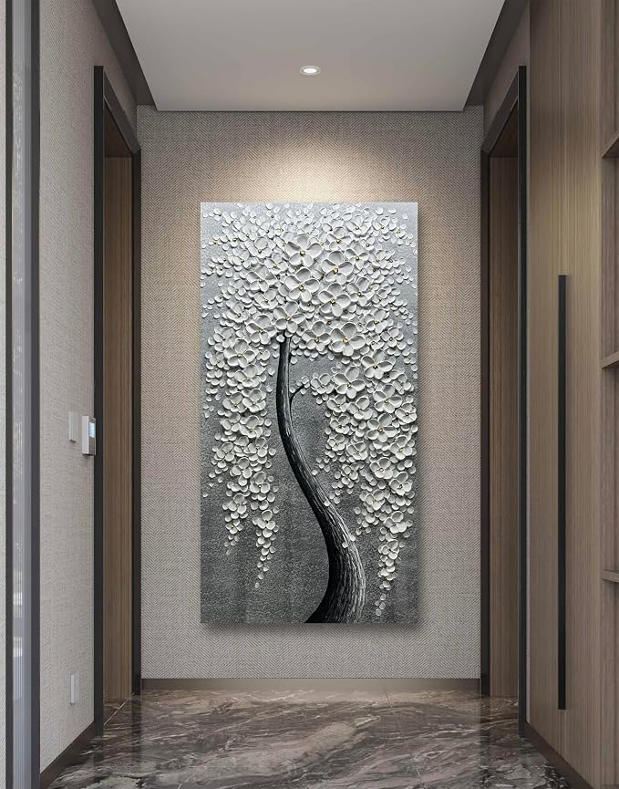 Yika Art Paintings - 24X48 Inch 3D White Flower Tree Wall Art Abstract Textured Knife Platte Acrylic Painting on Canvas 3D Flowers Tree Paintings Ready to hang