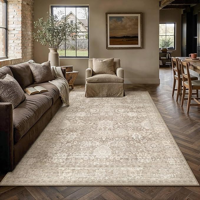 HUGEAR Area Rugs 5x8 Beige Washable Rug for Living Room Bedroom Neutral Vintage Rug Carpet Distressed Soft Durable Non Slip No Shedding for Indoor Dining Nursery Farmhouse
