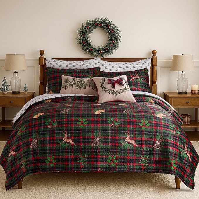 Levtex Home - Merry Tartan Quilt - King Quilt (106x92in.) - Red and Green Velvet Tartan Plaid - Reversible - Polyester