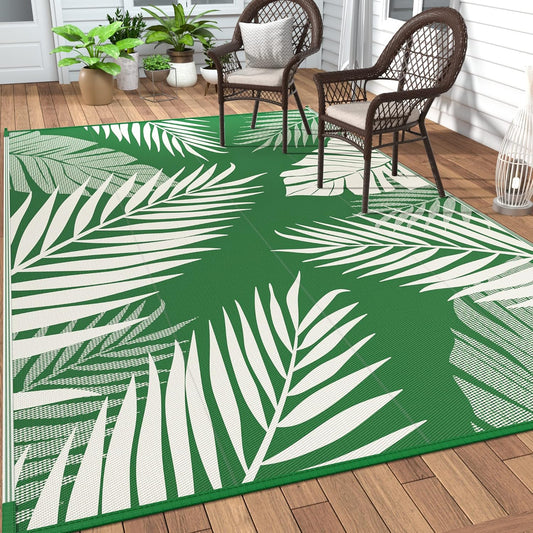 GENIMO Outdoor Rug 6' x 9' Waterproof for Patios Clearance, Reversible Outdoor Plastic Straw Camping Rug Carpet, Large Area Rugs Mats for RV, Picnic, Backyard, Deck, Balcony, Porch, Dark Green&White