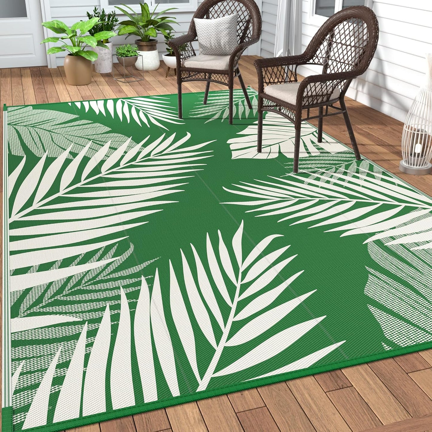 GENIMO Outdoor Rug 8' x 10' Waterproof for Patios Clearance, Reversible Outdoor Plastic Straw Camping Rug Carpet, Large Area Rugs Mats for RV, Picnic, Backyard, Deck, Balcony, Porch, Dark Green&White