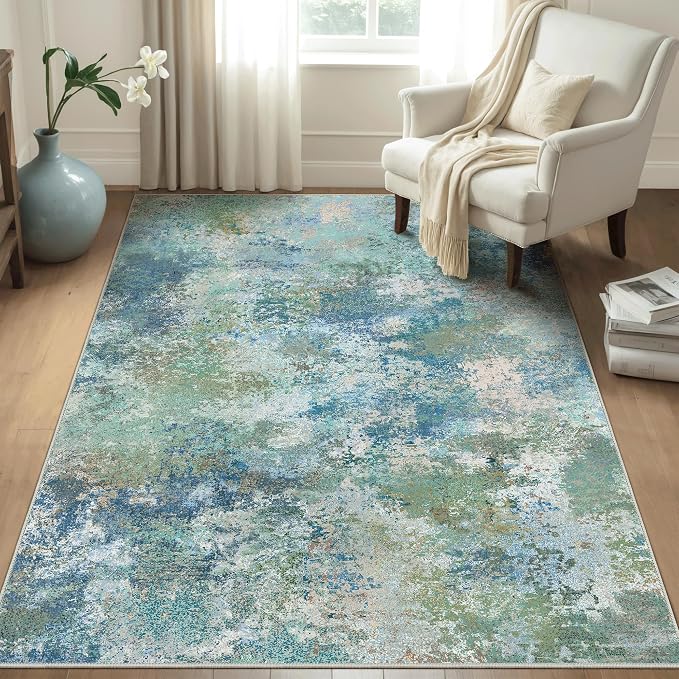 BEIMO Area Rugs 5x7 for Living Room Bedroom, Modern Abstract Machine Washable Rug, Large Soft Low Pile Floor Carpet with Non Slip Backing for Dining Room, Blue Green