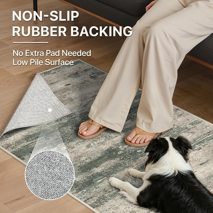 BEIMO Area Rugs 6x9 for Living Room Bedroom, Modern Abstract Machine Washable Rug, Large Soft Low Pile Floor Cover with Non Slip Backing for Dining Room, Grey/Dark Green