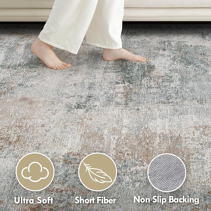 Tortania Area Rug Living Room Rugs - 10x14 Washable Large Soft Neutral Boho Moroccan Bohemian Farmhouse Rug Indoor Floor Carpet for Bedroom Under Dining Table Home Office Decor - Grey Brown