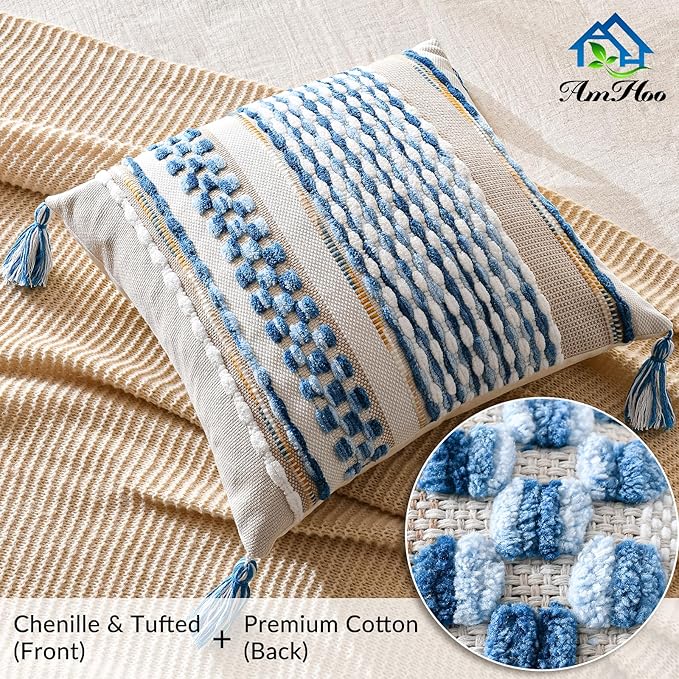 AmHoo Chenille Striped Textured Boho Throw Pillow Covers Aesthetic with Tassels Woven Decorative Pillow Case for Couch Bed Sofa Bedroom Modern Funky 18 x 18-Inch Sky Blue