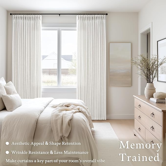 Beige White Pinch Pleated 126 Inch Curtains 2 Panel Set for Living Dining Room Neutral Thick Linen Semi Sheer Ceiling Track Curtain Light Filtering Privacy Bedroom Drapes Window Treatment W50xL126