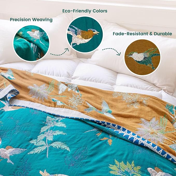 MSGKV The Boho Layer: 50"x60" Cotton Throw Blanket – Lightweight & Reversible Aviary Botanical Pattern, Decorative Accent for Couch Snuggles, Bed Layers & Road Trips