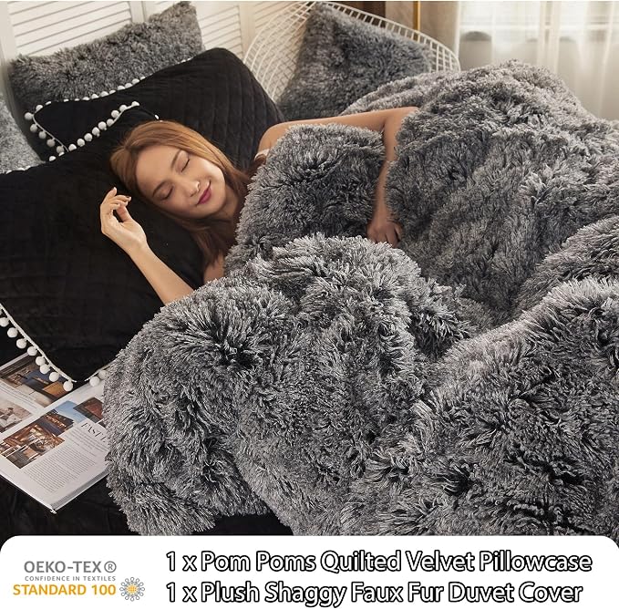 LIFEREVO Luxury Plush Shaggy Duvet Cover Set, Soft Velvet Fluffy Furry Duvet Cover Set(1 Faux Fur Fuzzy Comforter Cover + 1 Pompoms Pillow Sham) Bedding Set, Zipper Closure(Twin/Twin XL,Ombre Black)