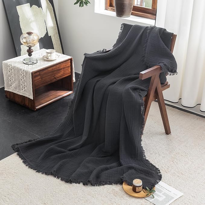 FOSSA Muslin Blanket: 4-Layer 100% Cotton Gauze Blanket with Fringe 98"x98" | Super Soft Breathable Lightweight All Season & Decorative Blanket or Bed, Sofa, Office (Dark Gray,Oversize Queen)