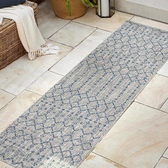 JONATHAN Y Moroccan Geometric Indoor Outdoor Runner Rug 2X8 Light Gray/Navy, Ourika Textured Weave for Backyard, Patio, Porch, Easy-Cleaning, High Traffic, Pet-Friendly, Non-Shedding (SMB108A-28)