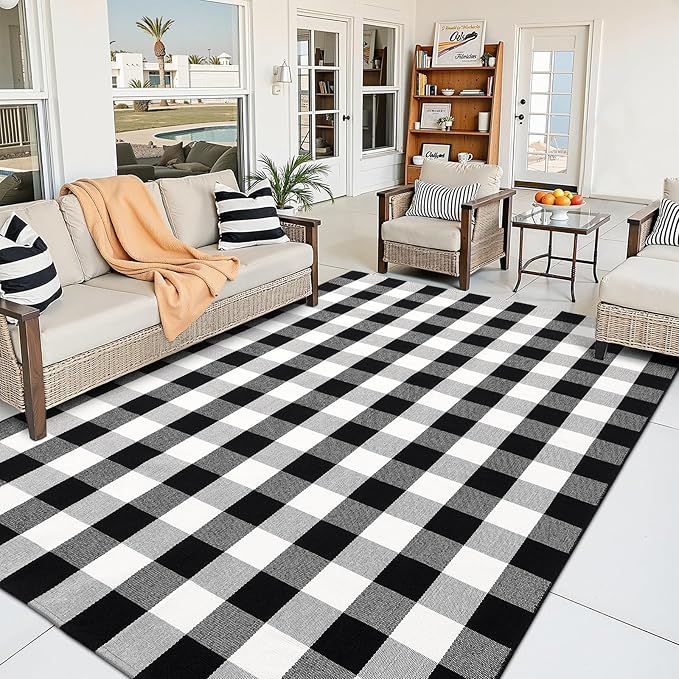 OLANLY Buffalo Plaid Rug 5' x 7' – Black and White Cotton Checkered Doormat, Washable Indoor Outdoor Rug for Layered Front Porch, Kitchen, Entryway Decor