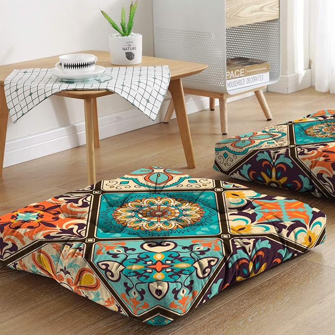 Mandala Meditation Cushion, Boho Meditation Mat, Meditation Pillows for Sitting on Floor, Cushions for Sitting in Home and Outdoor, Square Floor Pillow Cushion Seating for Yoga Accessories 22'' X 22''