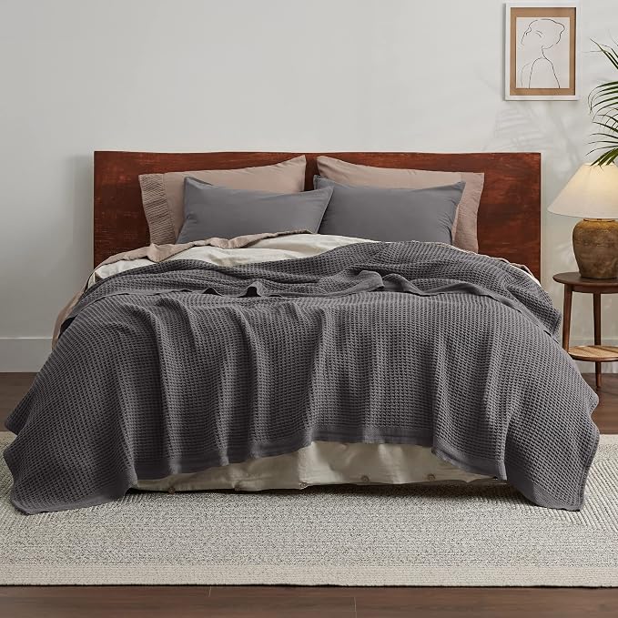 Bedsure 100% Cotton Blanket Full Size for Bed - Breathable and Soft for Summer, Thick Cozy Waffle Weave Blanket Gifts for Women, Dark Grey, 80x90 Inches