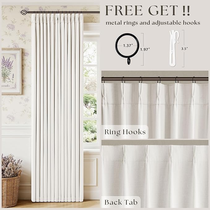 Beige White Pleated Blackout Curtains 96 Inches Long 2 Panels for Bedroom Living Room Darkening Neutral Memory Shape Pinch Pleat Black Out Heavy Duty Insulated Cream Ivory Curtain Drapes with Liner
