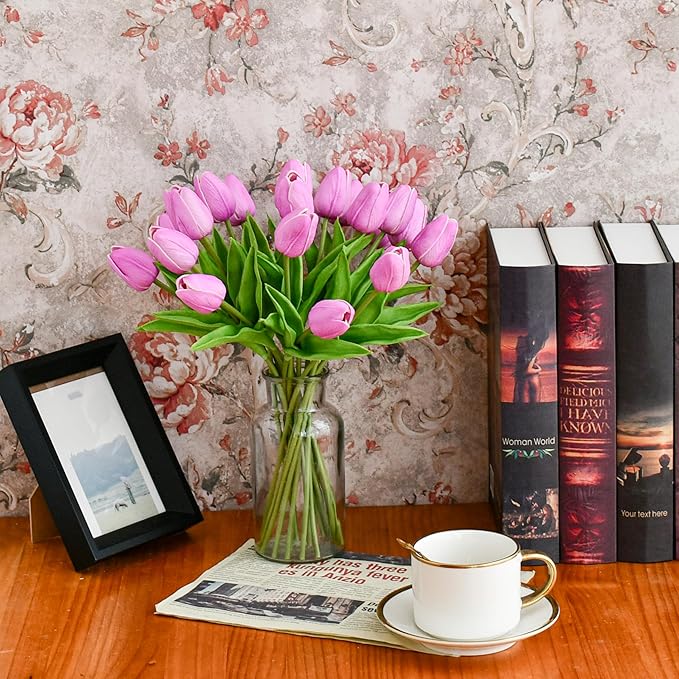 Mandy's Lavender Artificial Tulips Flowers Centerpiece, 13.5" Lifelike PU Fake Floral Stems 20pcs for Kitchen Island & Dining Table, Spring Decor for Easter