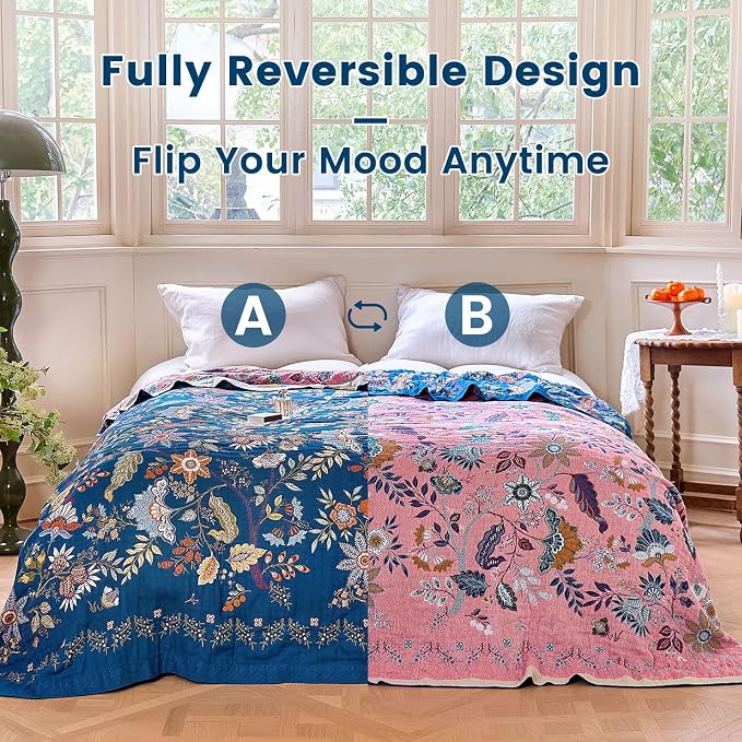 MSGKV Boho Throw Blanket for Bed 60"x80" 100% Cotton Twin Floral Blanket Summer Breathable Lightweigh Muslin Home Decorative Blankets for Couch
