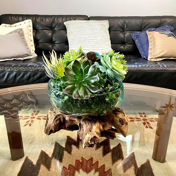 Decorative Vase, 10 Inch Diameter Molten Glass Bowl on Driftwood | Low 6 Inch Profile, Genuine Indonesian Wood, Hand Blown Clear Vessel with Bubbles and Organic Shapes