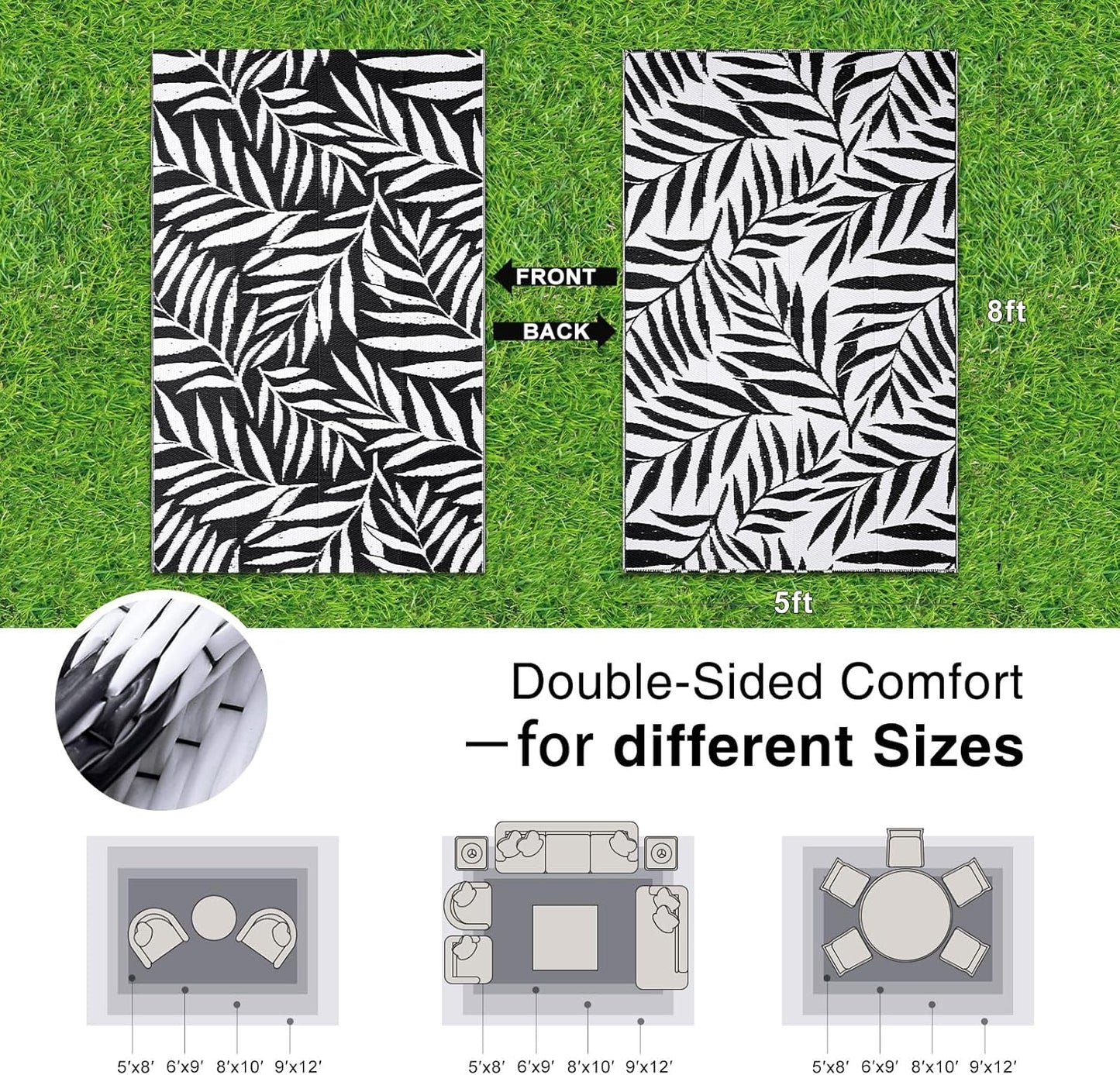 OLANLY Waterproof Outdoor Rug 5x8 ft, Reversible Outdoor Plastic Straw Rug with Leaf Pattern, RV Mat, Indoor Outdoor Carpet for Patio, Camping, Balcony, Deck, Backyard, Black & White