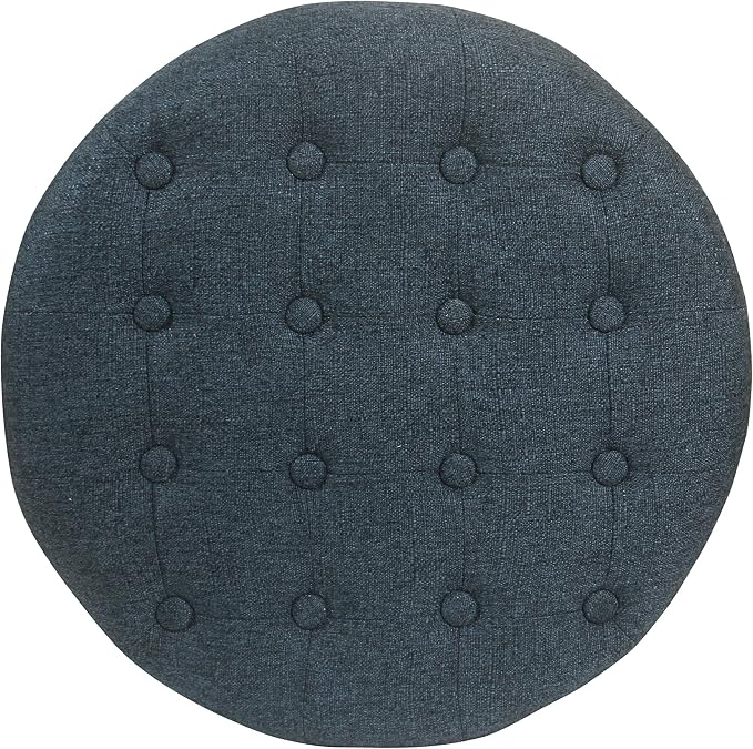 HomePop by Kinfine Fabric Upholstered Round Storage Ottoman - Velvet Button Tufted Ottoman with Removable Lid, Indigo Blue Woven