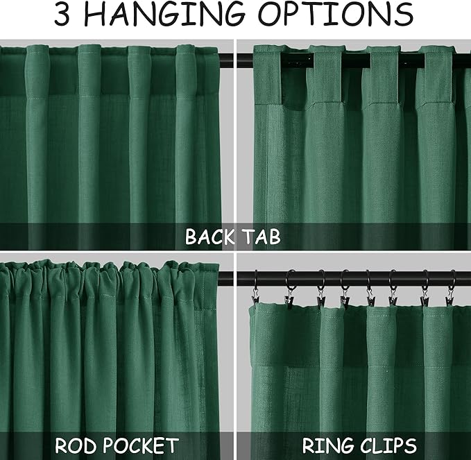 Nanspring Dark Green Linen Curtains 84 Inch Length 2 Panels Set for Living Room Rod Pocket Back Tab Light Filtering Window Drapes for Bedroom Dining Room Privacy Country Farmhouse Decor 52x84