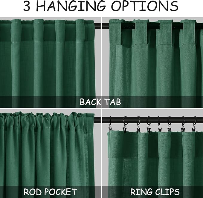 Dark Green Linen Curtains for Living Room 63 Inches Long 2 Panel Set Light Filtering Linen Drapes for Kitchen Windows Rod Pocket Back Tab Short See Through Curtain Country Farmhouse Decor 52x63