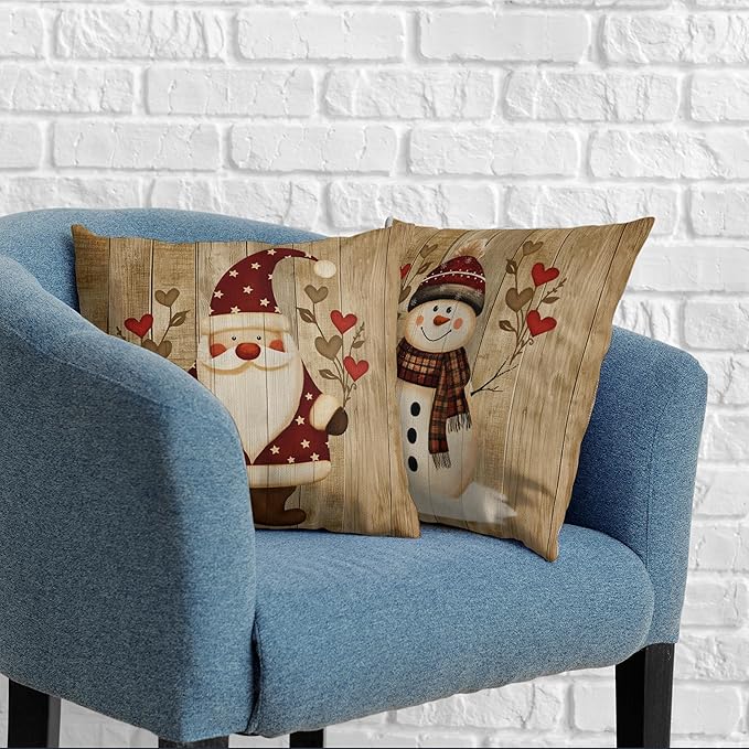 Set of 2 Vintage Christmas Pillow Covers 20x20 Santa Pillowcase Snowman Throw Pillow Covers Winter Holiday Retro Wooden Pattern Pillow Case for Xmas Decor Couch Sofa
