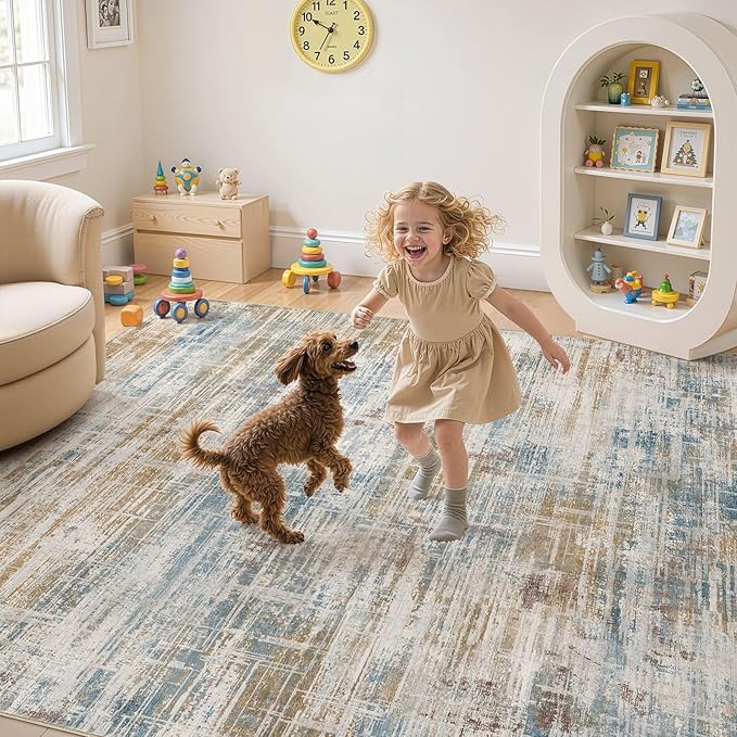 UERMEI 6x9 Area Rug for Living Room: Washable Modern Neutral Abstract Soft Low Pile Carpet Non-Slip Pet Kids Friendly Indoor Decor for Bedroom Dining Room Home Office Nursery Blue Brown