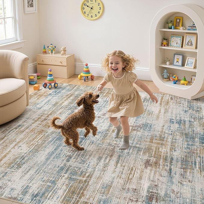 UERMEI 9x12 Area Rug for Living Room: Washable Modern Neutral Abstract Large Soft Low Pile Carpet Non-Slip Pet Kids Friendly Indoor Decor for Bedroom Dining Room Home Office Nursery Blue Brown