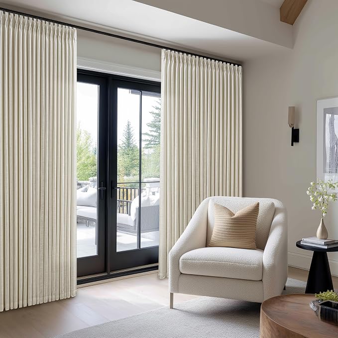Extra Wide Pinch Pleat Curtains 120 Inches Long for Patio Sliding Glass Door Beige Linen 70 Inch Wide Curtain Memory Trained Pleated Drapes Hooks Rings 70x120 Curtain for Large Window 1 Panel
