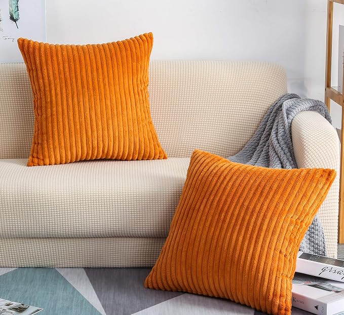 TangDepot, Set of 2 Soft Plush Velvet Big Striped Corduroy Solid Decorative Throw Pillow Covers, Square Pillow Covers - (18"x18" 2 Pieces, A55 Deep Orange) | Soft wide-stripe corduroy pillow cover, hidden zipper, machine washable, easy refresh, for bed...