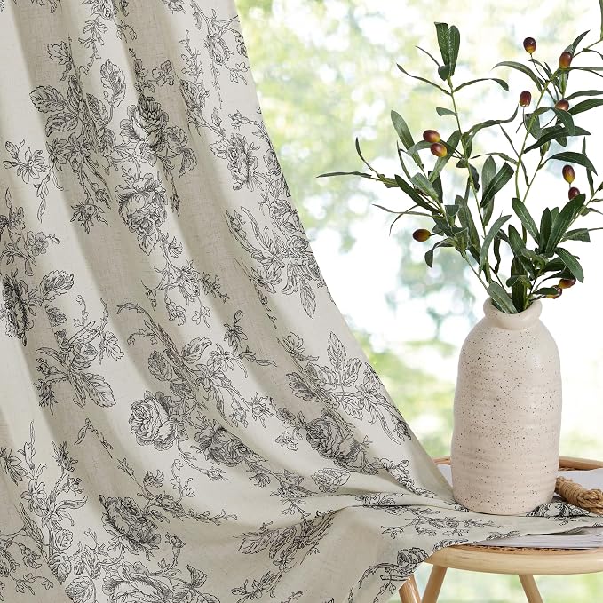 StangH Linen Floral Curtains for Living Room, Black Printed 84 inch Length Farmhouse Light Filtering Flower Patterned Drapes for Bedroom Dining Room, W52 x L84, 2 Panels