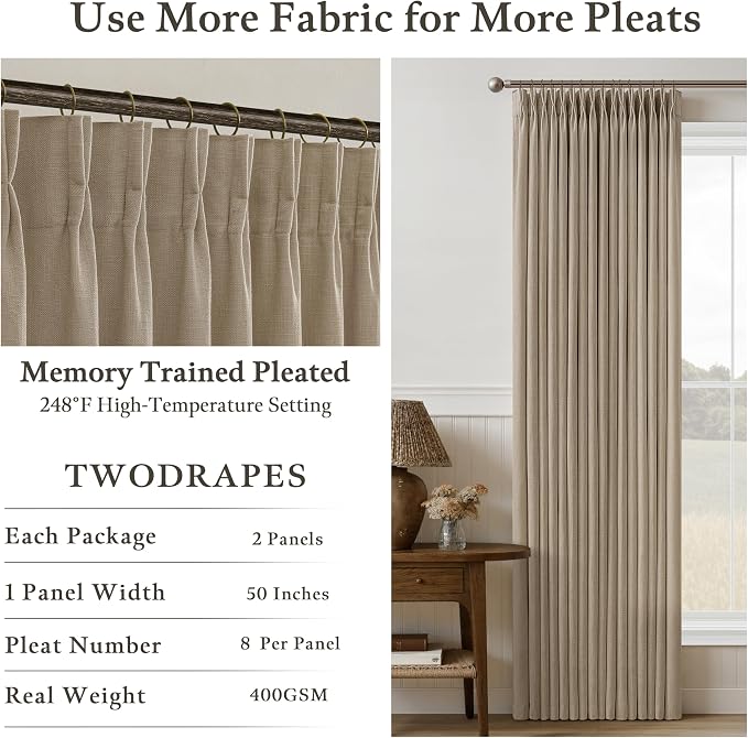 Pleated Thick Linen Curtains 96 Inches Length 2 Panels Camel Tan Semi-Sheer Privacy Back Tab Memory Training Drapes for Living Room Bedroom Grey Beige Light Filtering Flax Linen Window Curtain 50W