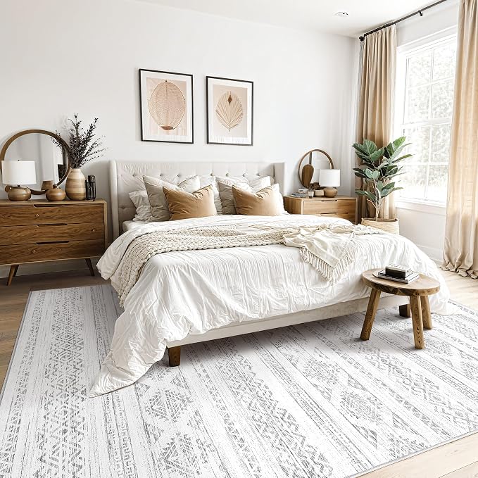 Tortania Area Rug Living Room Rugs - 5x7 Washable Large Soft Neutral Boho Moroccan Bohemian Farmhouse Rug Indoor Floor Carpet for Bedroom Under Dining Table Home Office Decor - Ivory Gray