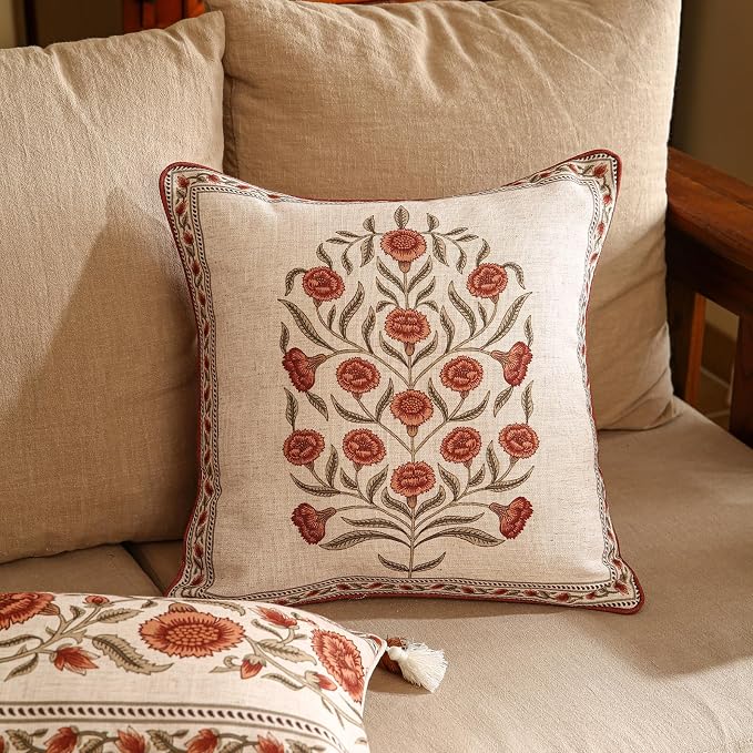 ISAENNE Designer Vintage French Linen Throw Pillow Cover,18"x18"-Albano B | Elegant Square Pillow Cover,Concealed Zipper Design,Floral Pattern,Sofas,Bedroom,Living Room,Lounge Chairs,Decor