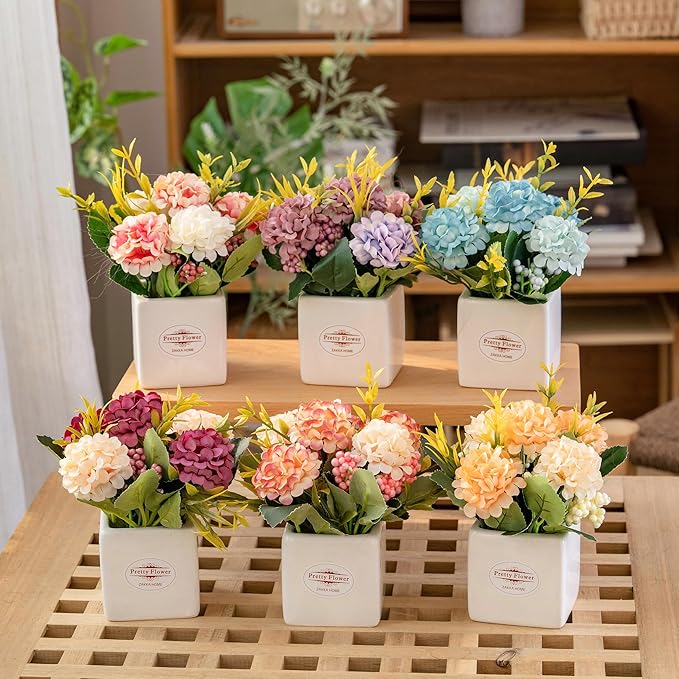 6Pcs Artificial Flowers with Ceramic Pot Small Fake Hydrangea Flowers Arrangements Faux Spring Flowers in Vase Home Spring Decor, Centerpiece Table Decorations for Farmhouse Office Shelf Dining Table