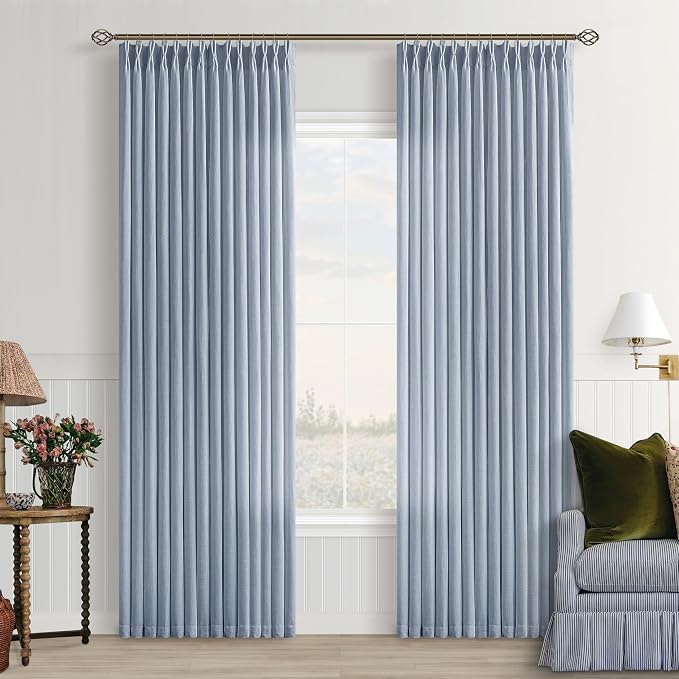 Dusty Blue Linen Pinch Pleat Curtains 84 Inches Long for Living Room Pinch Pleated Drapes Hooks Rings Back Tab Farmhouse Coastal Light Filtering Semi Sheer Blue Grey Curtains Dining Bedroom Office