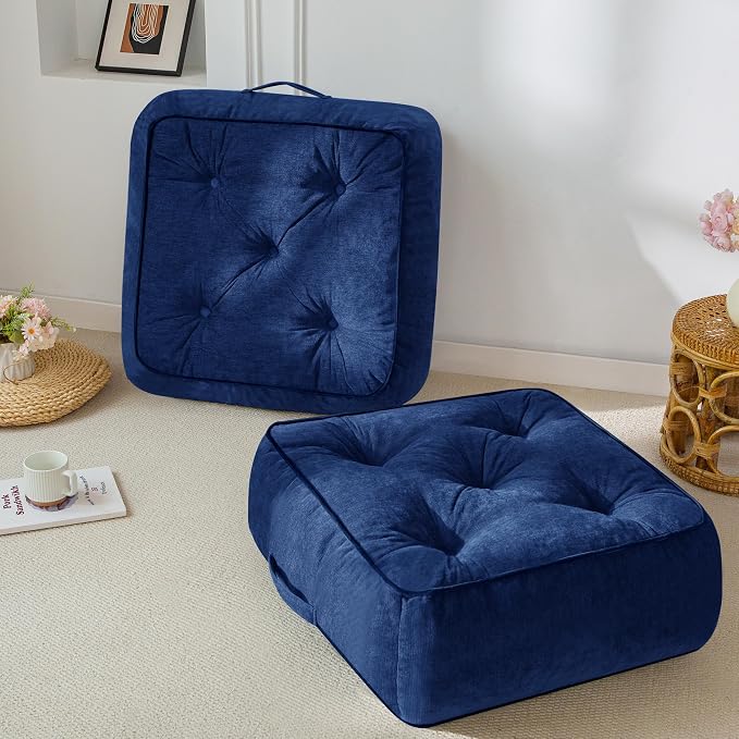 HIGOGOGO 8" Extra Thick Floor Pillow Cushion for Adults, Meditation Cushion Pillow with Handle, Lustrous Chenille Tufted, Square Floor Sitting for Tatami Living Room or Yoga, 22x22 Inch, 2Pack, Navy