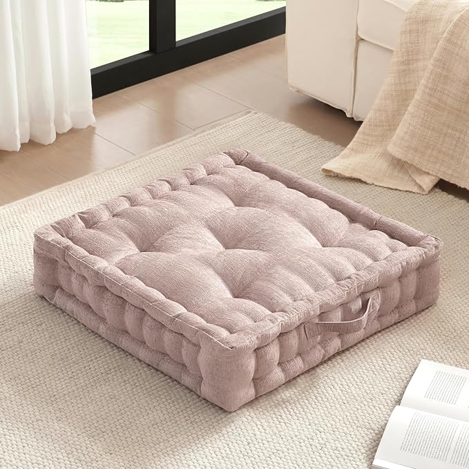 Intelligent Design Azza Floor Pillow, Large Cushions Sitting for Adults, Floor Pillow for Meditation or Yoga, Lustrous Chenille Tufted with Scalloped Edges for Bench/Chair Cushion, 24"x24"x5" Blush